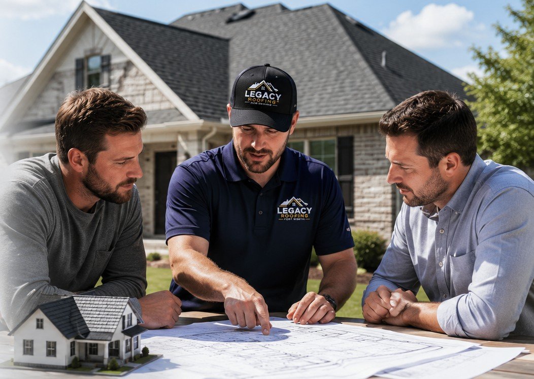 Joseph Mitchell and the Legacy Roofing Fort Worth crew reviewing a roof plan in front of a Fort Worth home